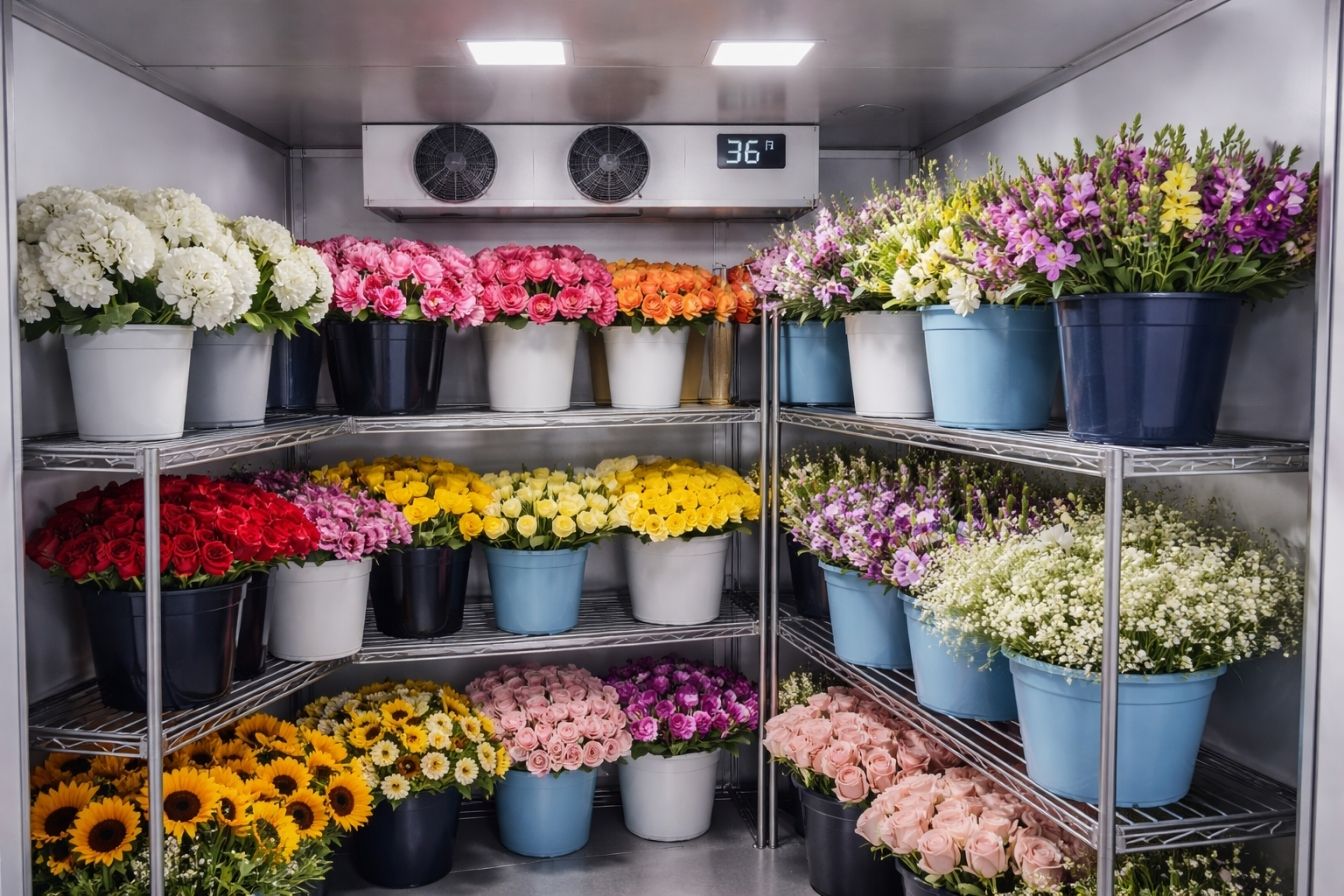 Flowers in a cooler set at the ideal temperature