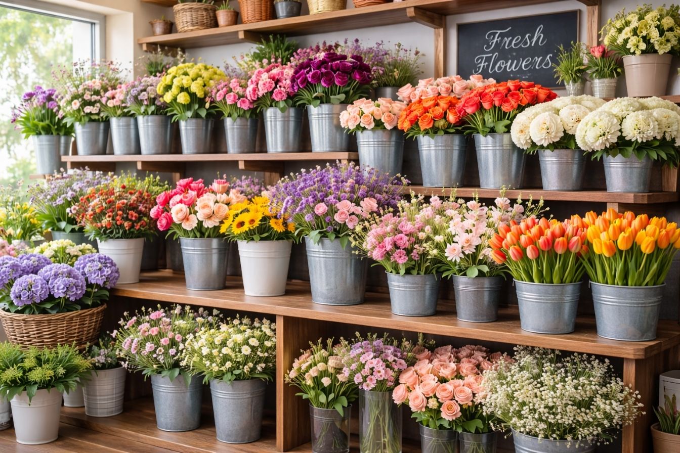 Fresh flowers displayed on shelves