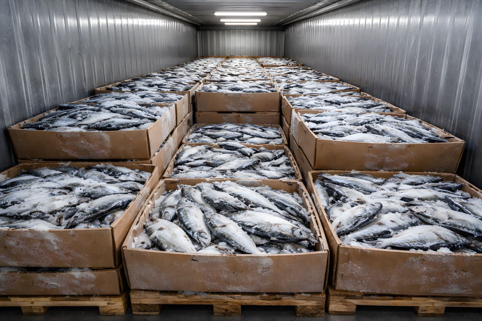 Portable freezer container with frozen seafood