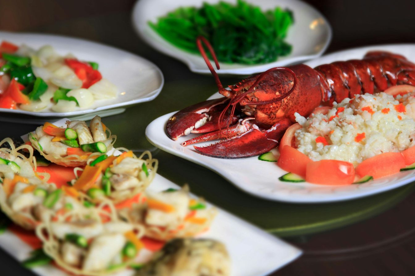 Seafood dinner with lobster at a fancy restaurant