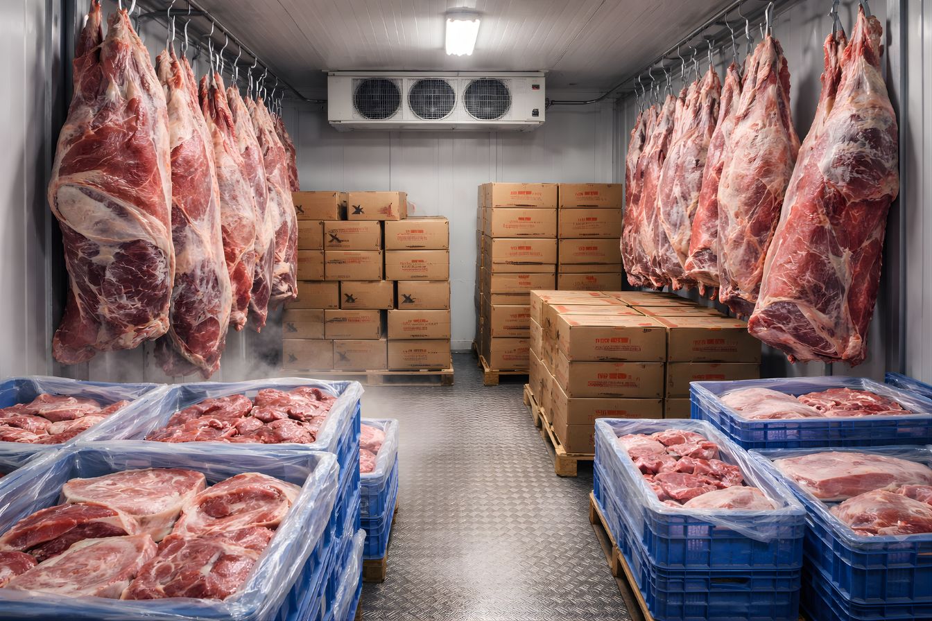 Meat stored in a cold storage container