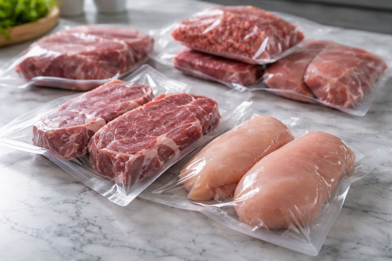 Packaged meat in vacuum sealed bags