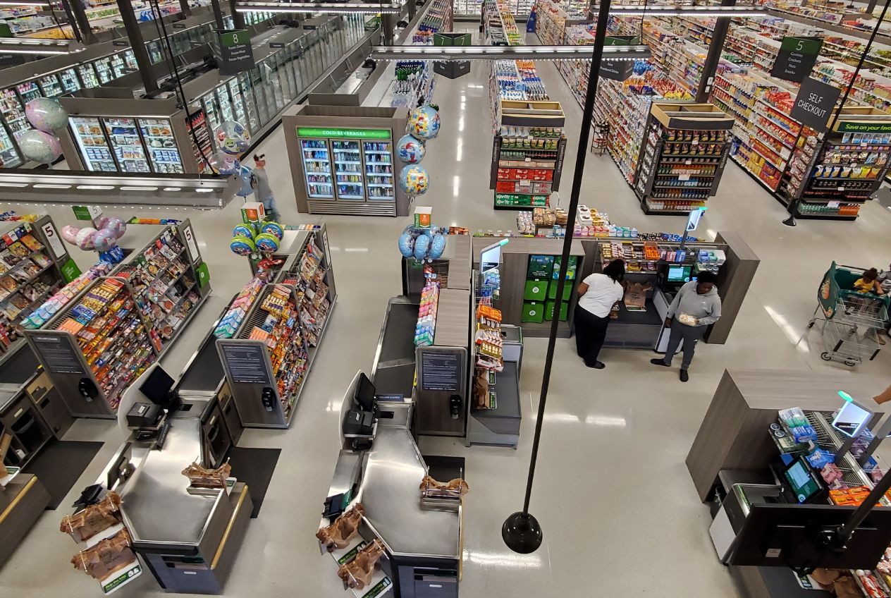 Interior of a big box supermarket with large cold storage refrigerators