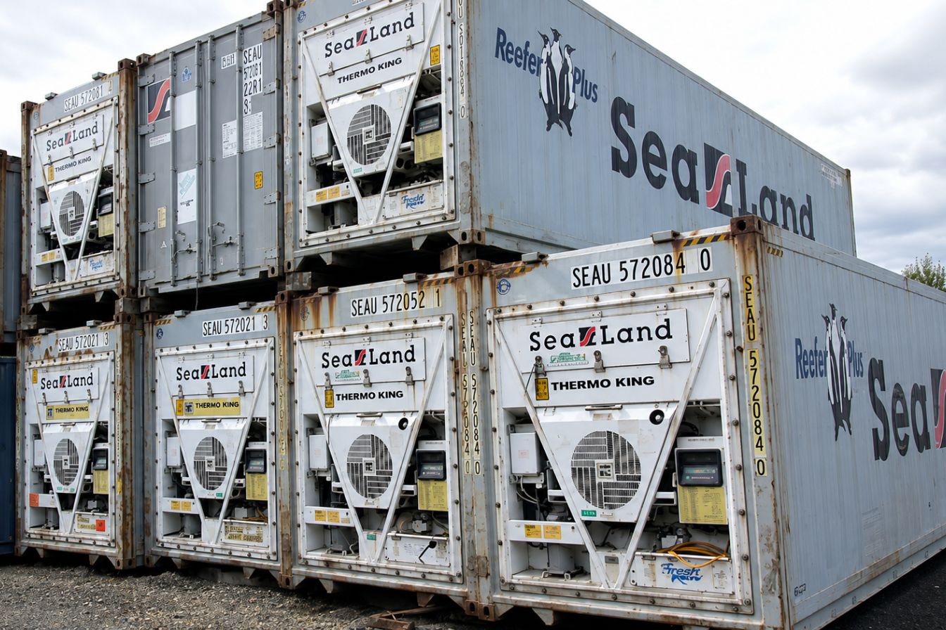 Cold Storage containers stacked in a ship yard