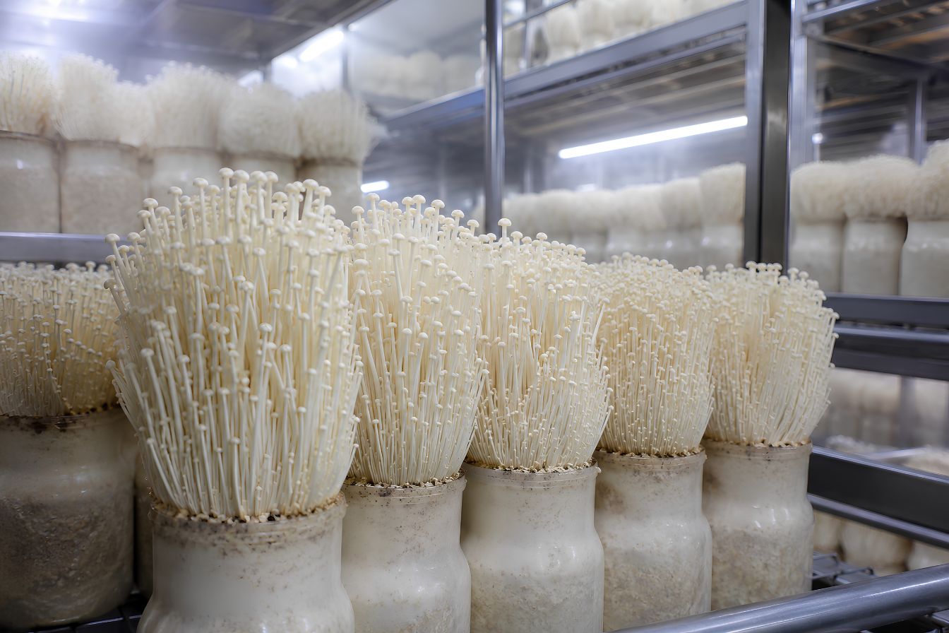enoki mushrooms in a climate controlled shipping containers