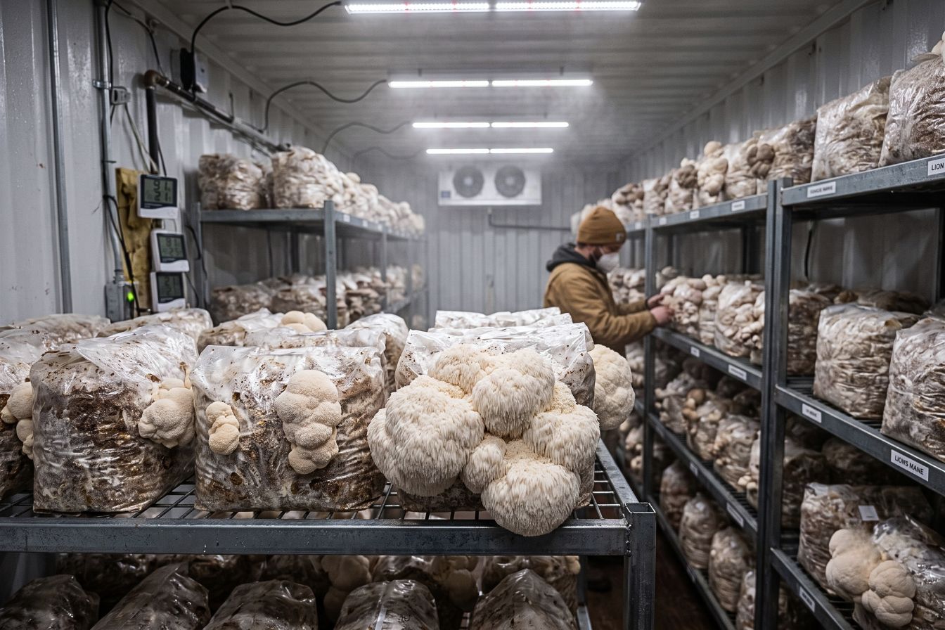 Lion's mane mushrooms in a chipping container