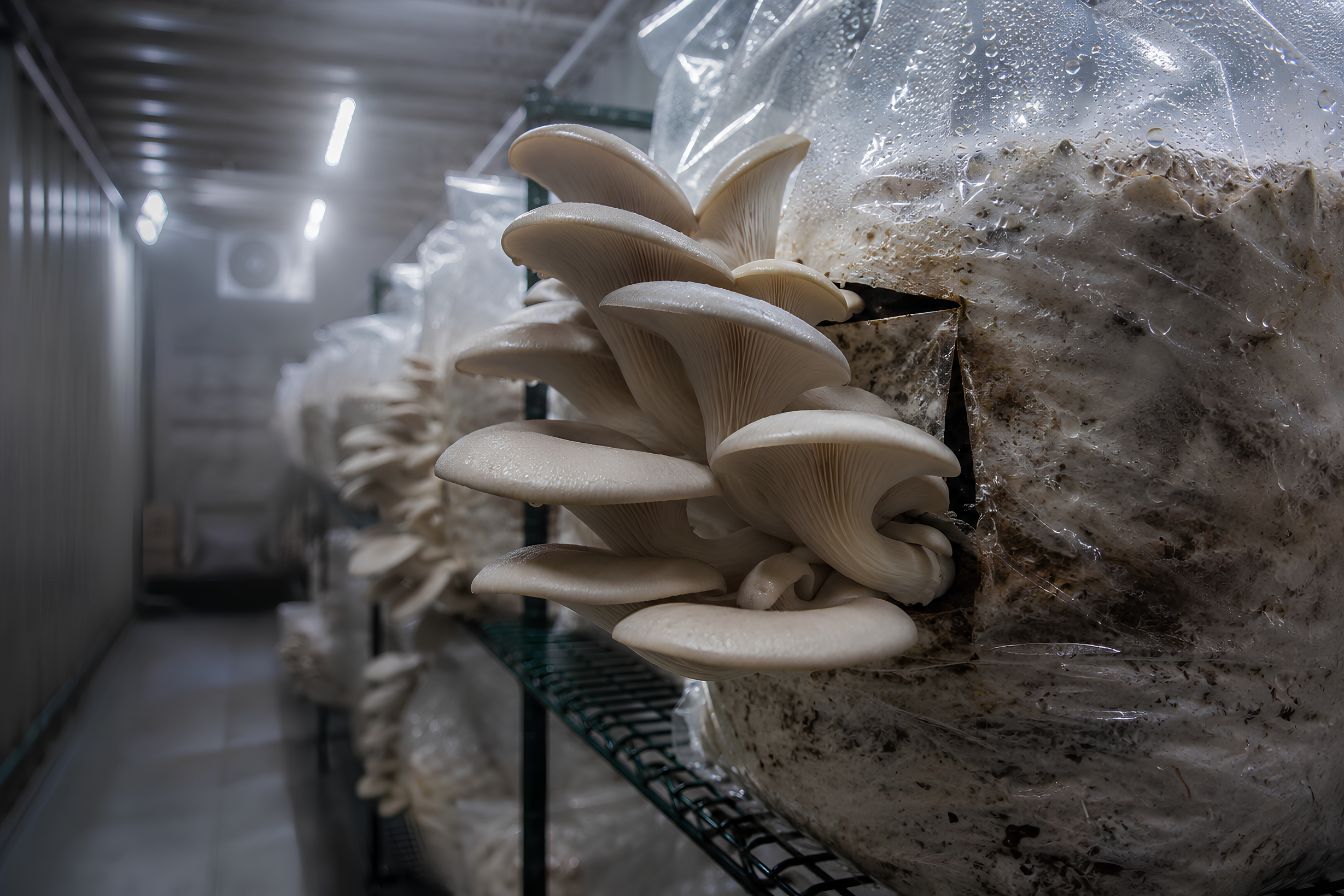 Oyster mushroom in a shipping container