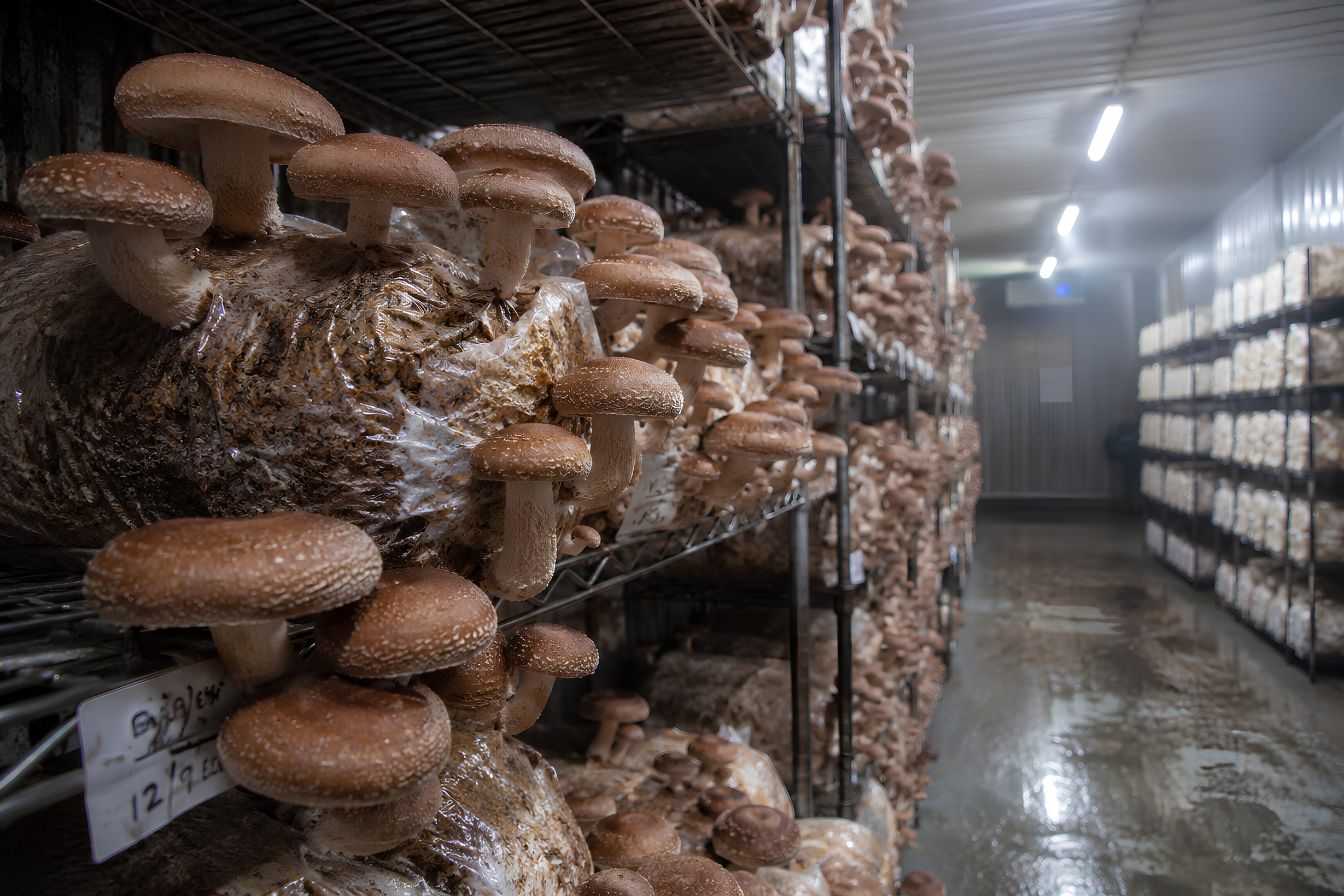 shiitake mushrooms growing in a climate controlled shipping container